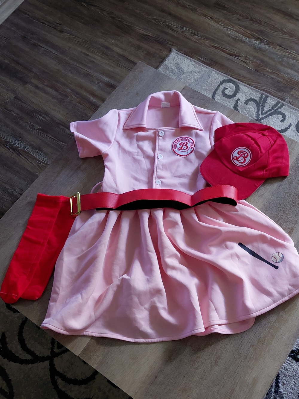 Girls Pink Baseball Dress with Red Accents and Cap